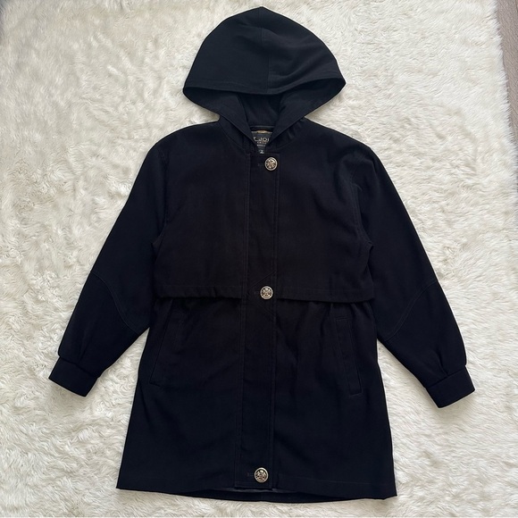 St. John Coat Collection Jacket Hooded Zip Up Gold Buttons Pockets Black Sz S - Picture 2 of 13